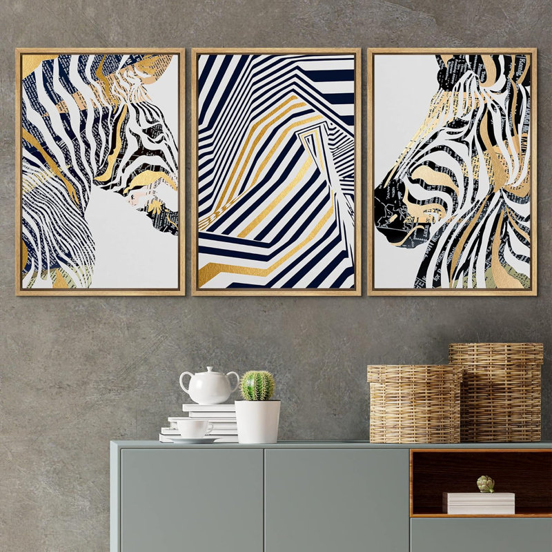 Style géométrique, jungle, zèbre, animaux, bandes dessinées, art moderne, portrait sauvage rustique, 3 pièces