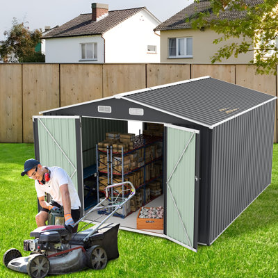 9×11 FT Outdoor Storage Shed with 3 Lockable Doors, Metal Garden Shed with 4 Vents, Utility Tool Shed for Backyard, Patio, Lawn, Grey