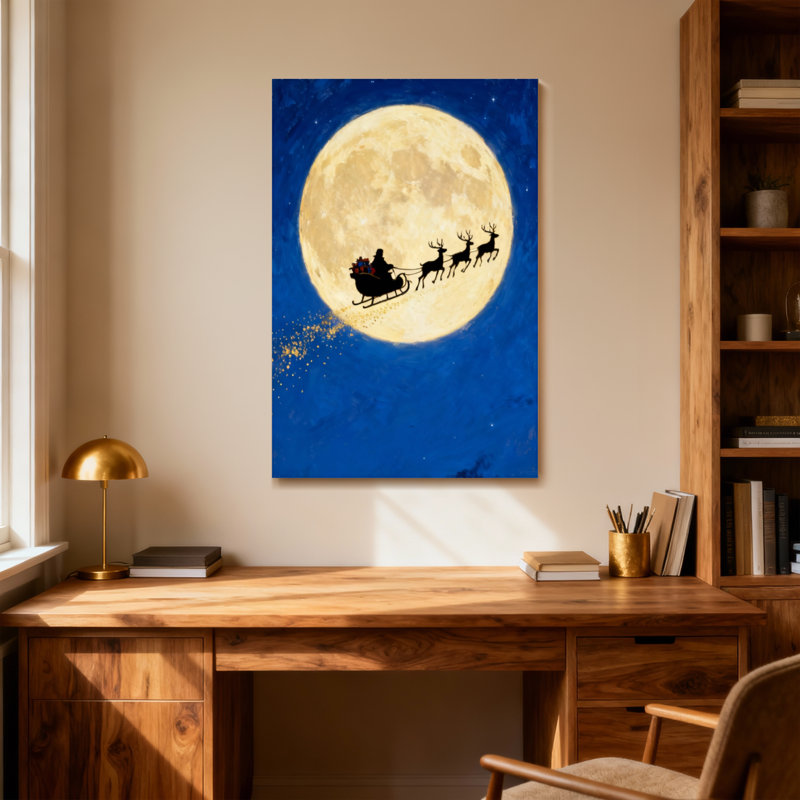 Noël père Noël traîneau renne lune nuit ciel étoiles lueur, H 48 po x l 32 po