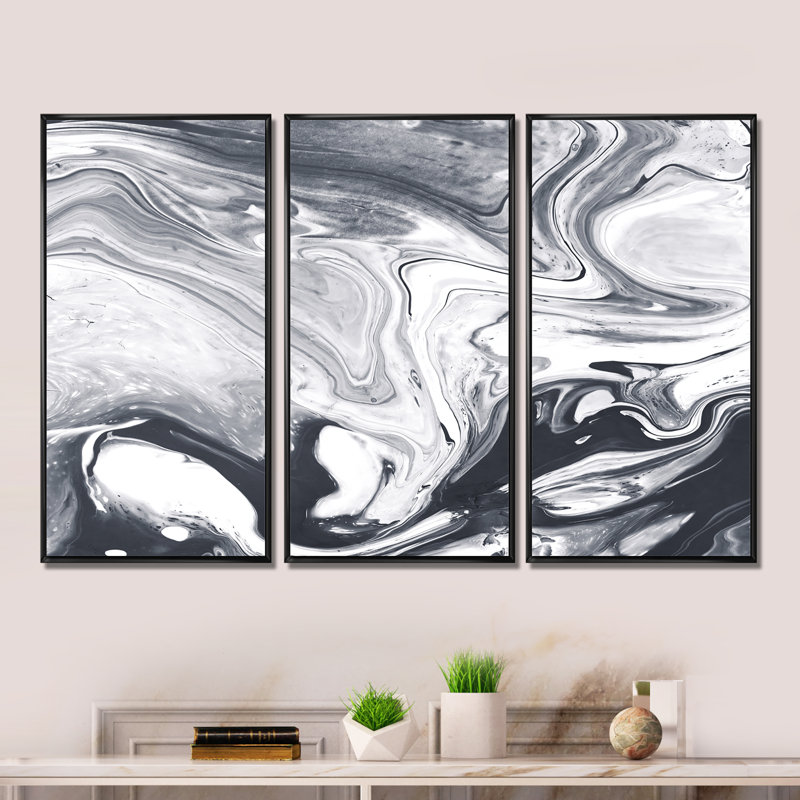 Art liquide noir et blanc - ensemble d'art moderne sur toile encadrée moderne de 3, H 28 po x l 36 po x P 1 po, Cadre noir