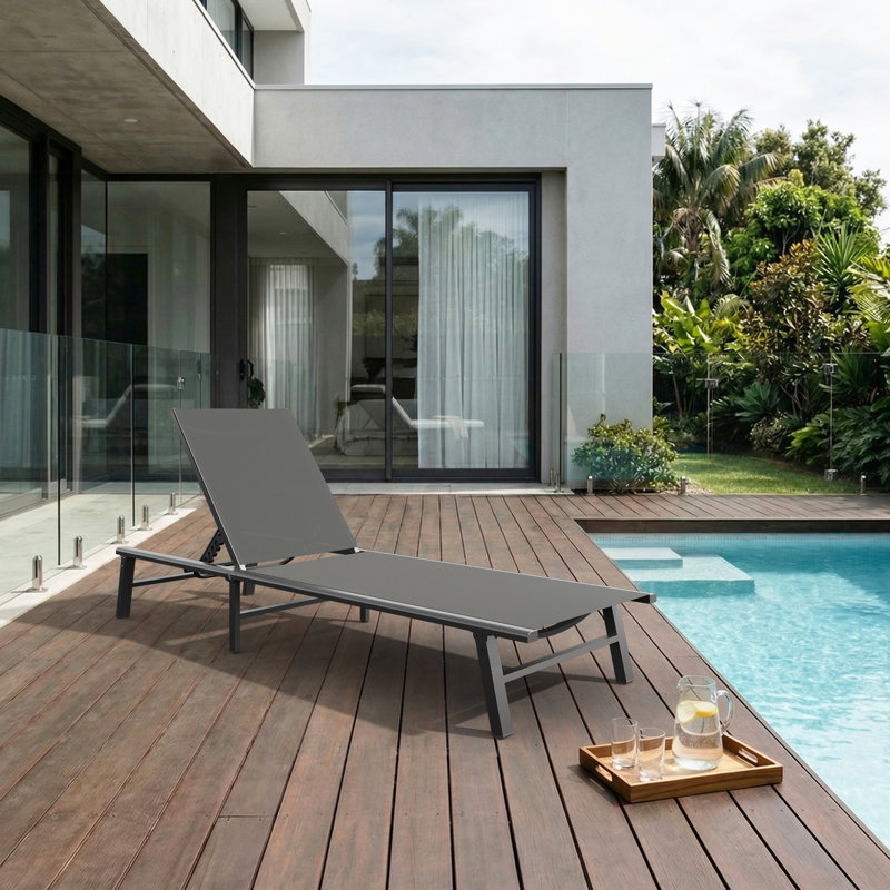 Outdoor Patio Aluminum Chaise Lounge With Adjustable Reclining Back, Gray