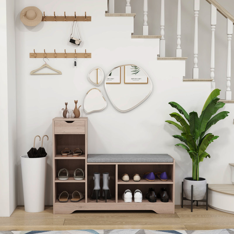 Banc de rangement rembourré pour chaussures avec tiroir de rangement, Gris