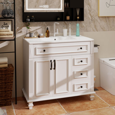 36" Bathroom Vanity With Sink, White Solid Wood Bathroom Cabinet With Flip Drawer, 3 Drawers & 2 Doors, Elegant Design With Black Metal Handles, Modern MDF Vanity For Bathroom Storage