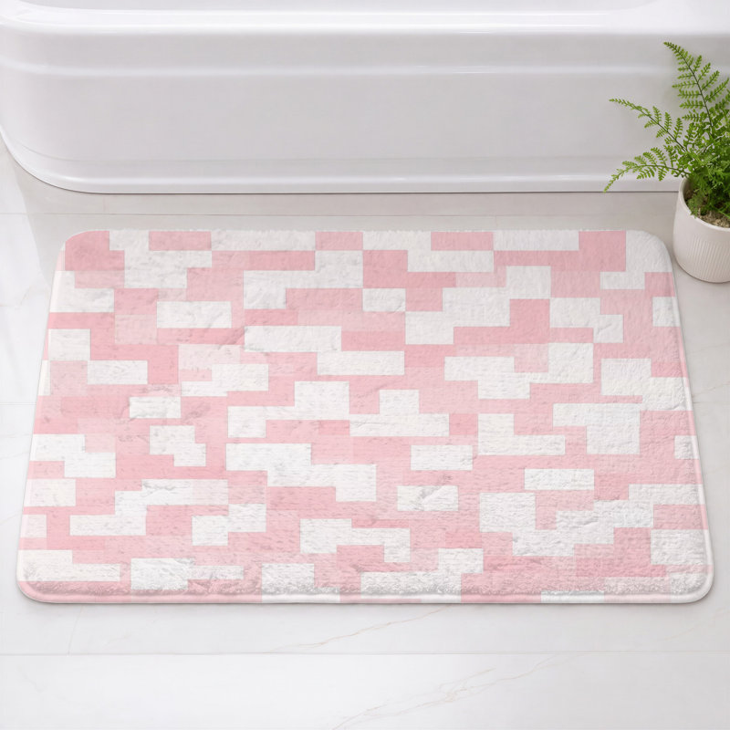 Pixelated Block Pattern Bath Mat, 34in W x 21in L, Light Pink White