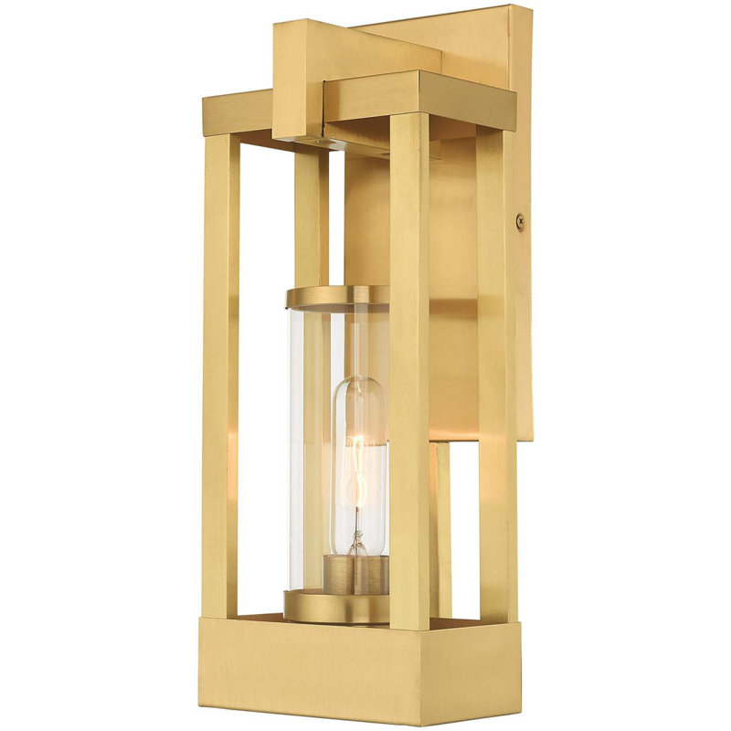 1 Light Outdoor Wall Lantern Pendant Fixture with Clear Glass Shade,  Satin Brass, 16" H x 6.25" W x 6.25" D
