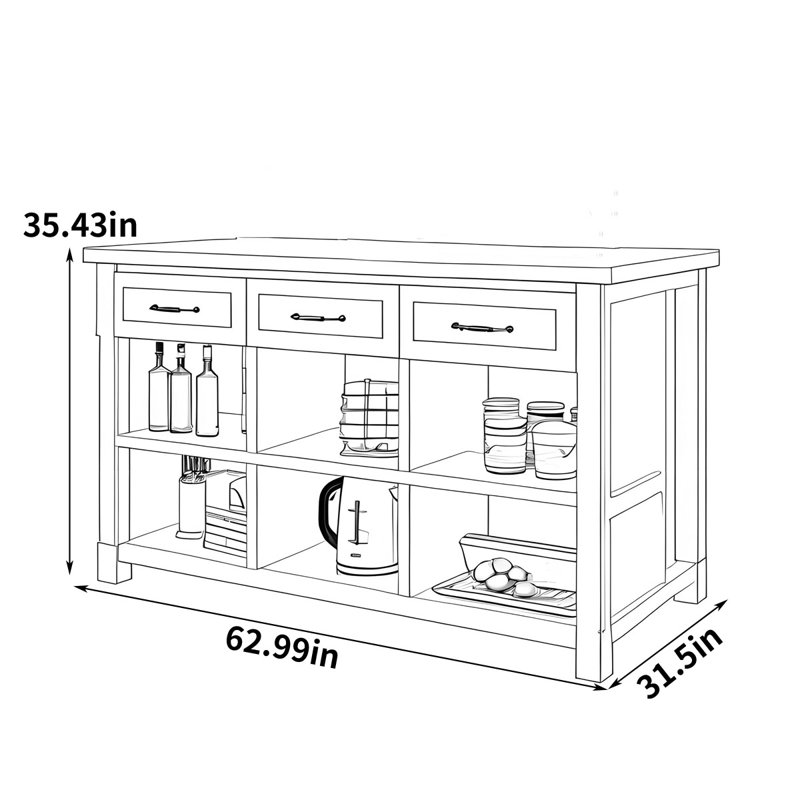 62.99" Solid Wood Kitchen Island, White