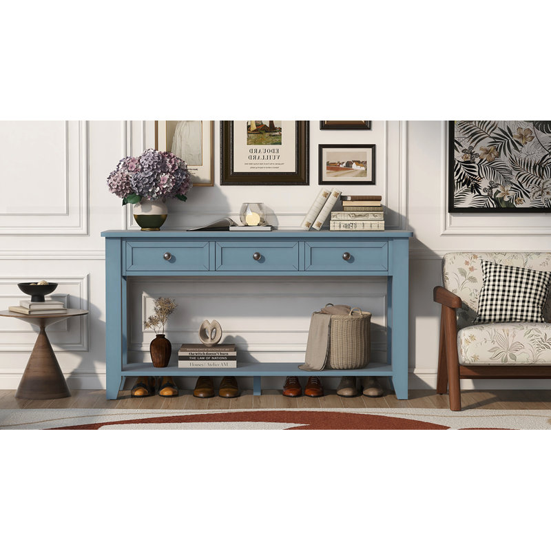 Console de 55,4 po avec trois tiroirs de rangement, Bleu