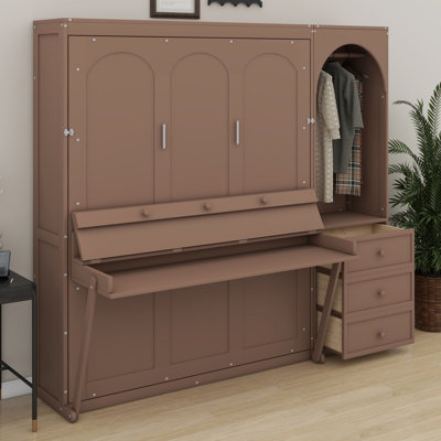Lit escamotable fonctionnel avec 3 tiroirs, tablette, lumière DEL et tringle pour garde-robe