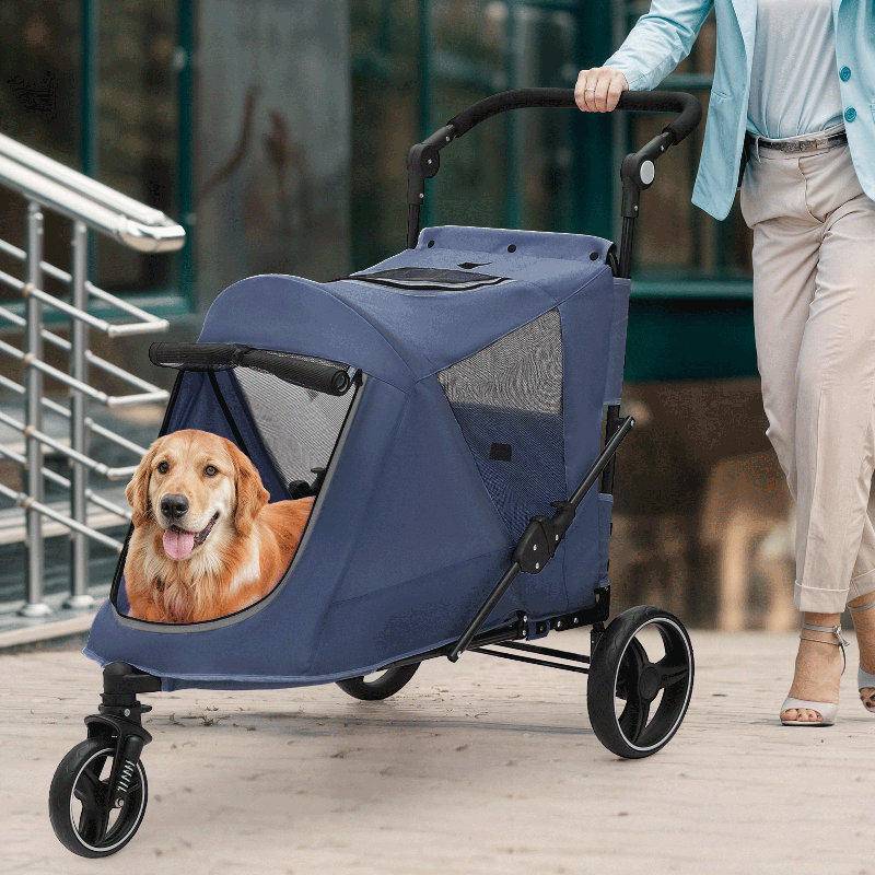 Foldable Pet Stroller for Small & Medium Dogs and Cats 3-Wheel Dog Stroller with 9 Angles Adjustable Handlebar , Blue