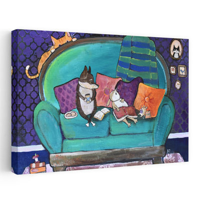Cozy Pet Reading Time Whimsical Contemporary Cat Dog Rabbit Forest Wall Art Print 1 Piece Wrapped Canvas Wall Art