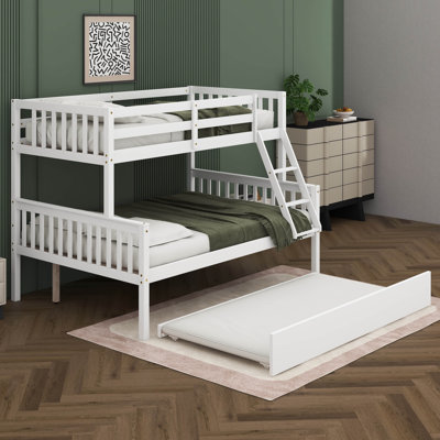 Twin Over Full Rubber Wood Bunk Bed With Trundle,  Convertible Bed, With Twin Size Trundle