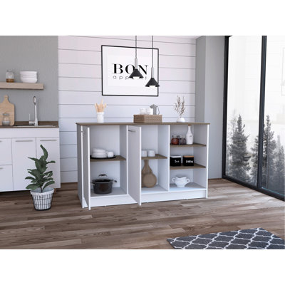 Îlot de cuisine deux armoires, trois tablettes ouvertes, blanc / brun foncé