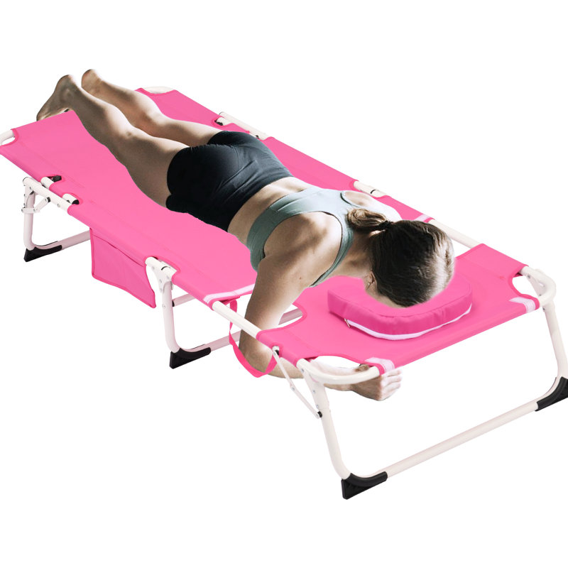 Fauteuil de bronzage réglable à 5 positions avec trous pour le visage et les accoudoirs pour la détente à l'extérieur sur le patio, la pelouse, le camping. Cadre, peau confortable, facile à utiliser. Bain de soleil pliant blanc + trou de couleur, rond