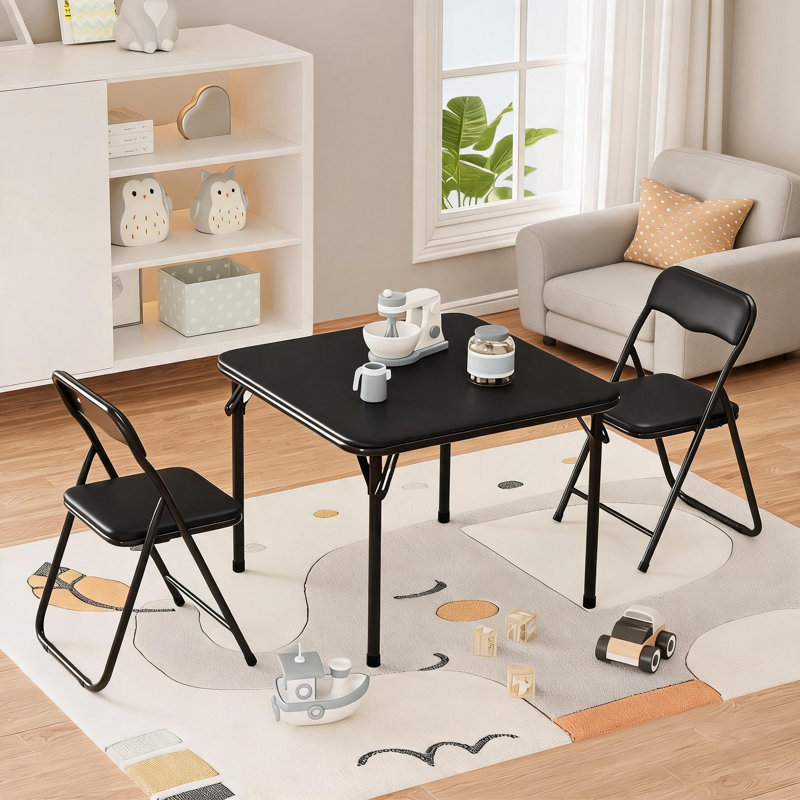 Ensemble de 3 tables pliantes et chaises pliantes avec coussins moelleux en polyuréthane, Black, Noir, Black