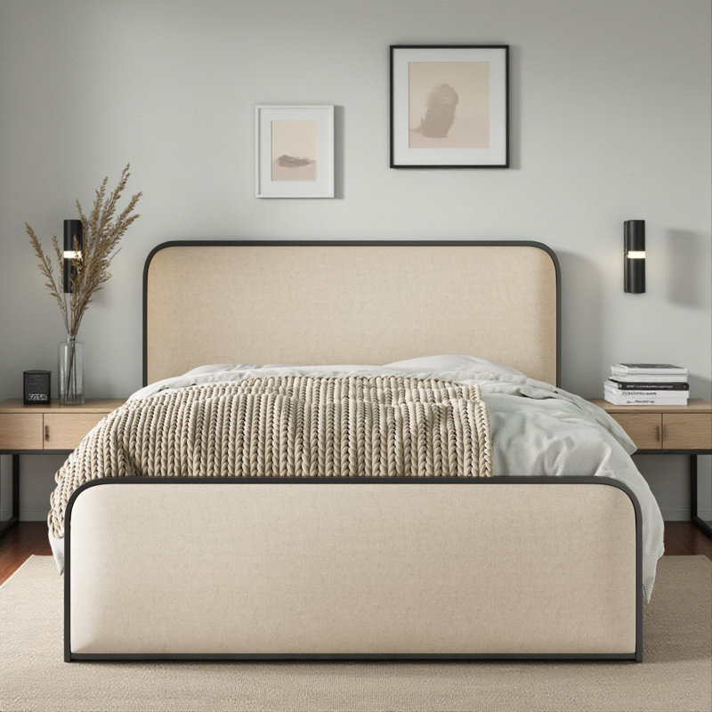 Upholstered Platform Bed, Queen, Beige/Black