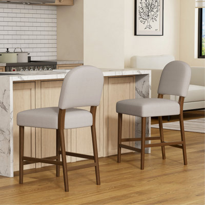 Tabouret de bar en bois d'hévéa de 26 po de hauteur, revêtement beige avec niveleur de sol réglable, siège spacieux pour îlot de cuisine