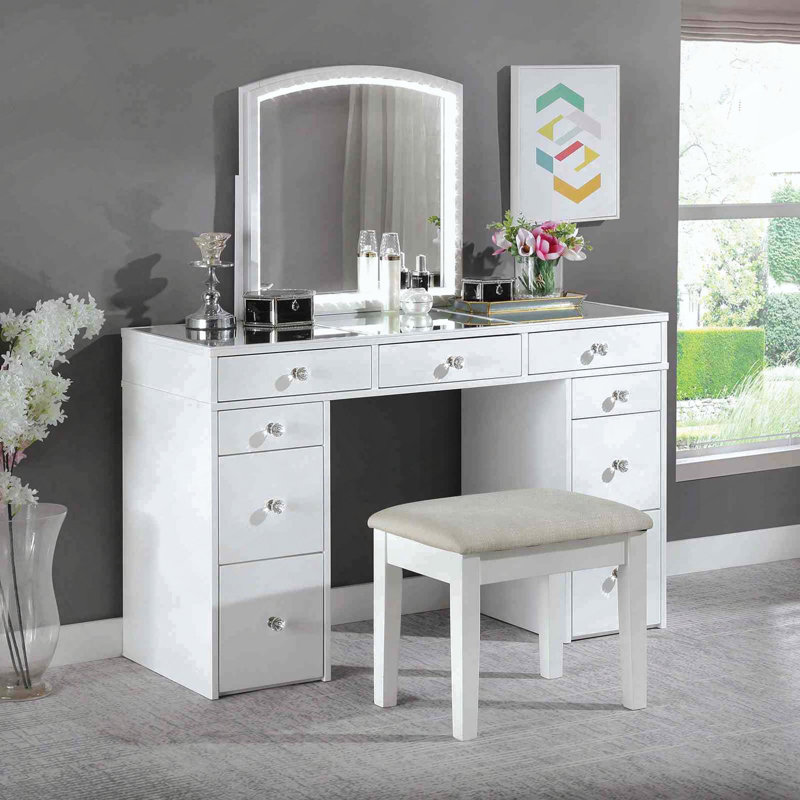Ensemble coiffeuse de style contemporain avec miroir à DEL, tiroirs de rangement et tabouret