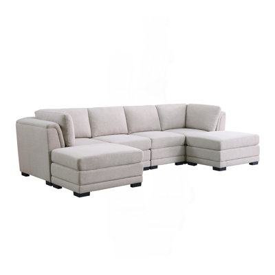 121.5" Light Gray Linen Fabric Reversible Sectional Sofa With 2 Ottomans