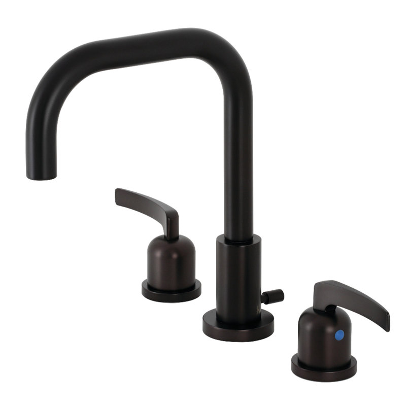 Kingston Brass Two-Handle 3-Hole Deck Mount Widespread Bathroom Faucet with Brass Pop-Up Drain, Flat Lever Handle