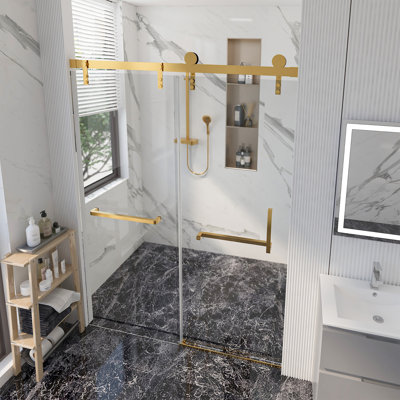 Porte de douche coulissante simple sans cadre l 60 po x H 76 po | Verre trempé amélioré de 0,31 po (8 mm) | Quincaillerie en acier inoxydable | Sécuritaire, résistant à l'explosion, transparent et élégant, robuste et durable