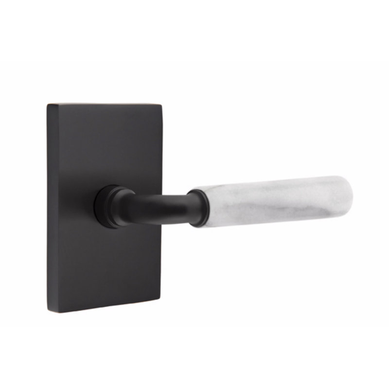 Ensemble de leviers d'intimité Emtek Select, rosette rectangulaire moderne, tige R-Bar, poignée en marbre blanc, droite