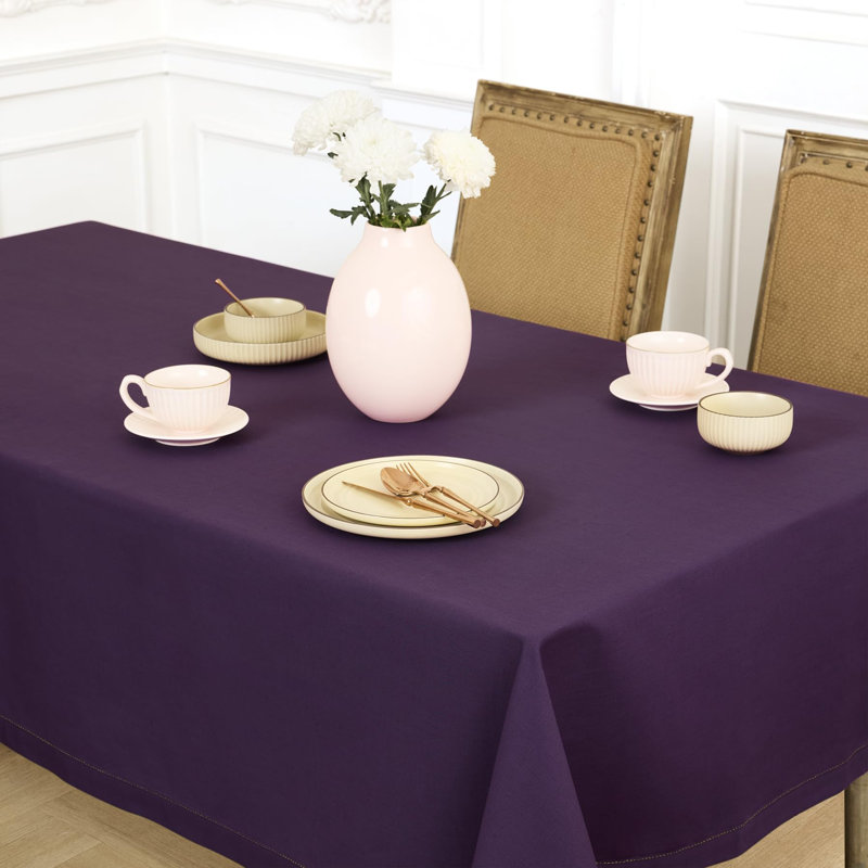 Cotton Linen Hemstitch Tablecloth, 84" x 60", Purple