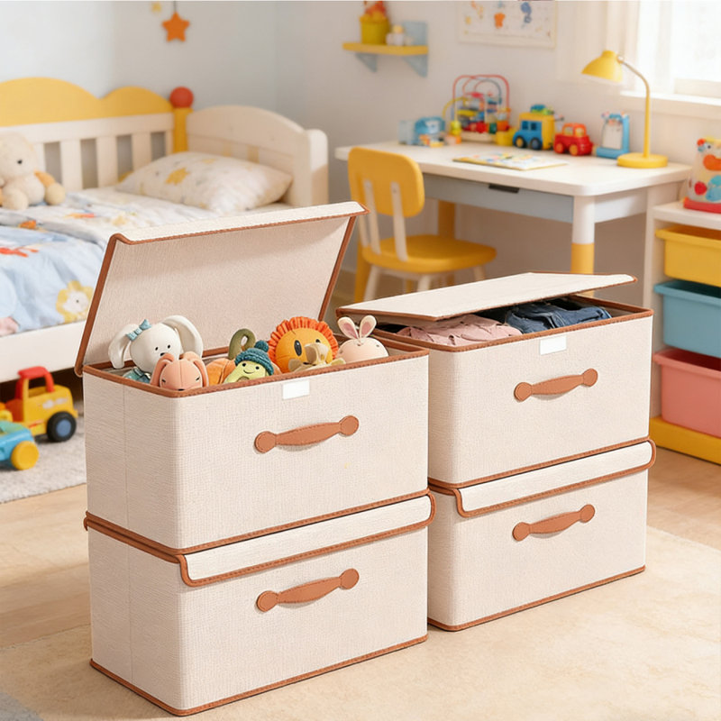 5 Pack Fabric Foldable Storage Bin Cube Organizer Basket with Flip-Top Lid & Handles, Clothes Blanket Box for Home, Office, Closet, Beige