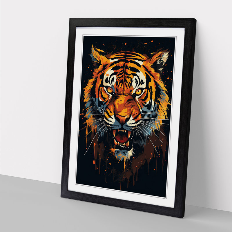 XYZ-FRM-V1223-1637 Tiger Minimalism - Single Picture Frame Print on Wood, 64cm H x 46cm W x 2cm D, Black 