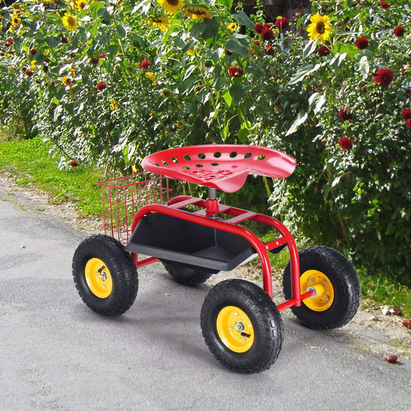 Chariot de jardin en fer rouge avec plateau de travail robuste