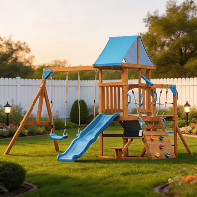 Aire de jeux Dolphin Playground Premium en cèdre – Ensemble de jeux pour jardin avec 2 balançoires, glissade ondulée, pont de planches, tableau noir et mur d'escalade, pour enfants de 3 à 10 ans