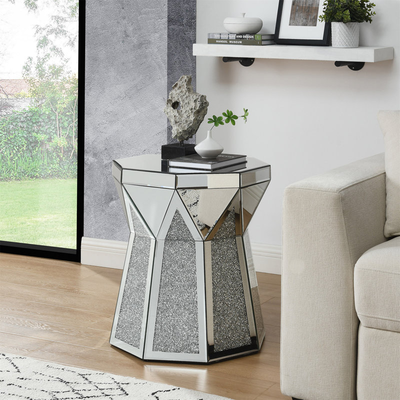 Drum Style Coffee Table With Mirror Crystal Inlay, Polygonal Silver Decorative Table