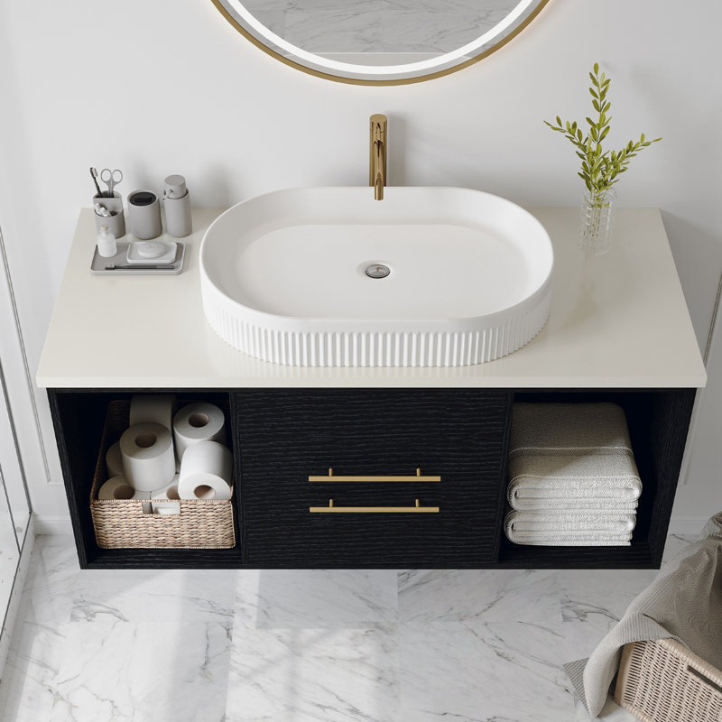 Meuble-lavabo mural avec lavabo, tiroirs à fermeture en douceur et tablette ouverte, Noir
