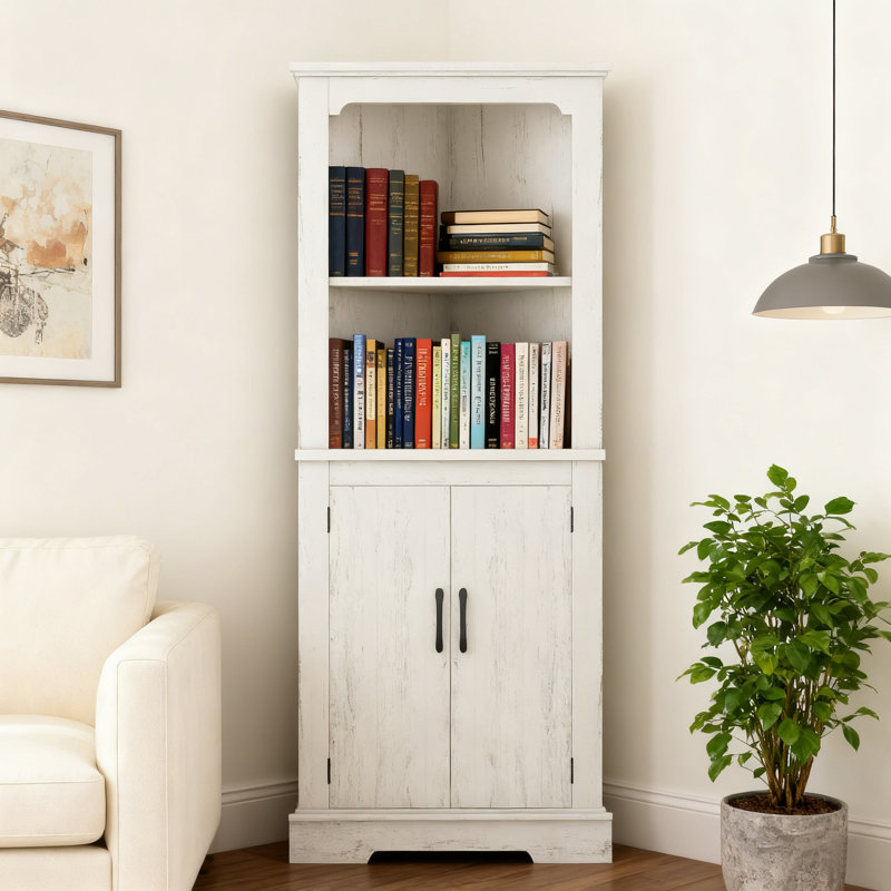 Tall Farmhouse Corner Cabinet With Doors, Beige, 69.3" H x 30.6" W x 22.3" D