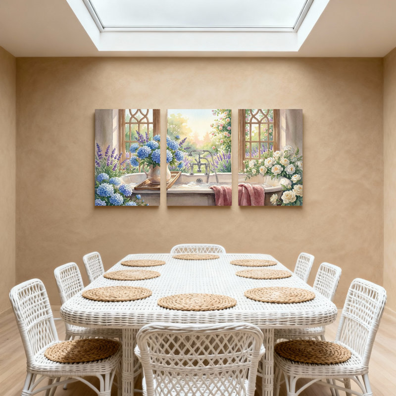 Plantes et fleurs, salle de bain florale avec vue sur le jardin, ensemble de 3 impressions sur toile, H 36 po x l 72 po