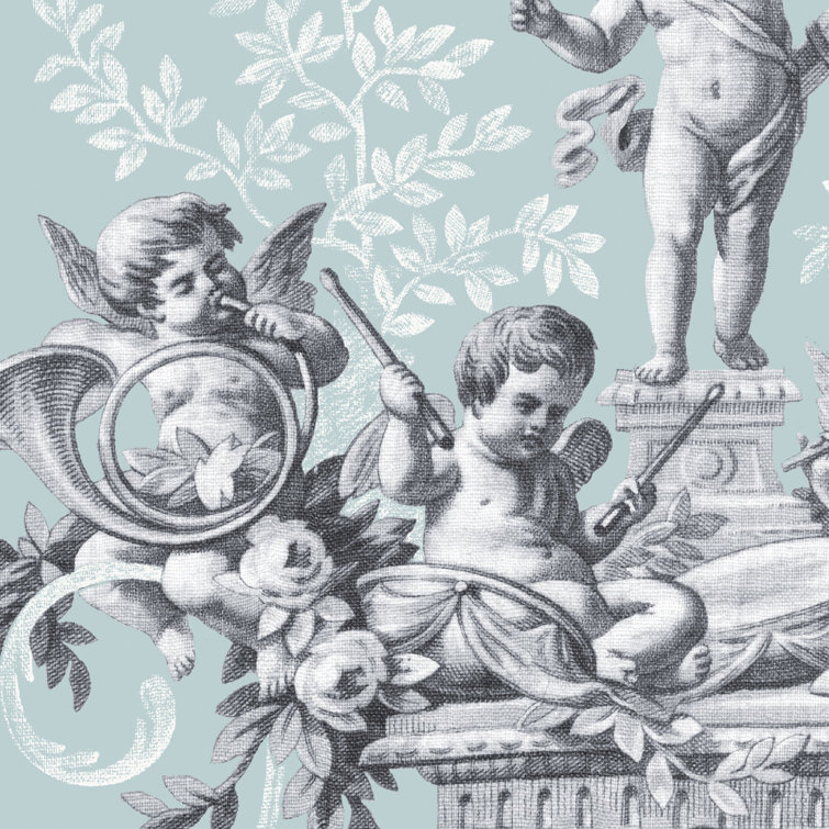 Sidewall. a) On blue-gray ground, cherubs and flowers amid white and beige  clouds with pink roses and green foliage; b) duplicated on blue ground with  light blue and white clouds Stock Photo -