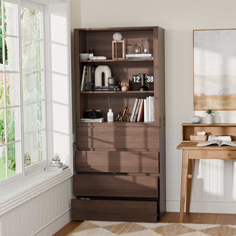 Modern Farmhouse 2-Piece Storage Cabinet Set, 71" H Wall Unit Bookcase With 4 Drawers And Open Shelves Organizer Walnut