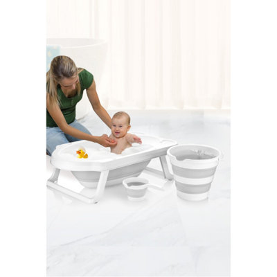 3-Piece Baby Bathtub Set, Foldable Design, White & Grey | Durable 100% Plastic, Bathtub: 32.3 x 18.9 x 9.1 inches, Bucket: 10.6 x 13.0 x 2.8 inches, Stoup: 4.3 x 6.3 x 1.4 inches | Perfect for Bath Time Comfort & Convenience