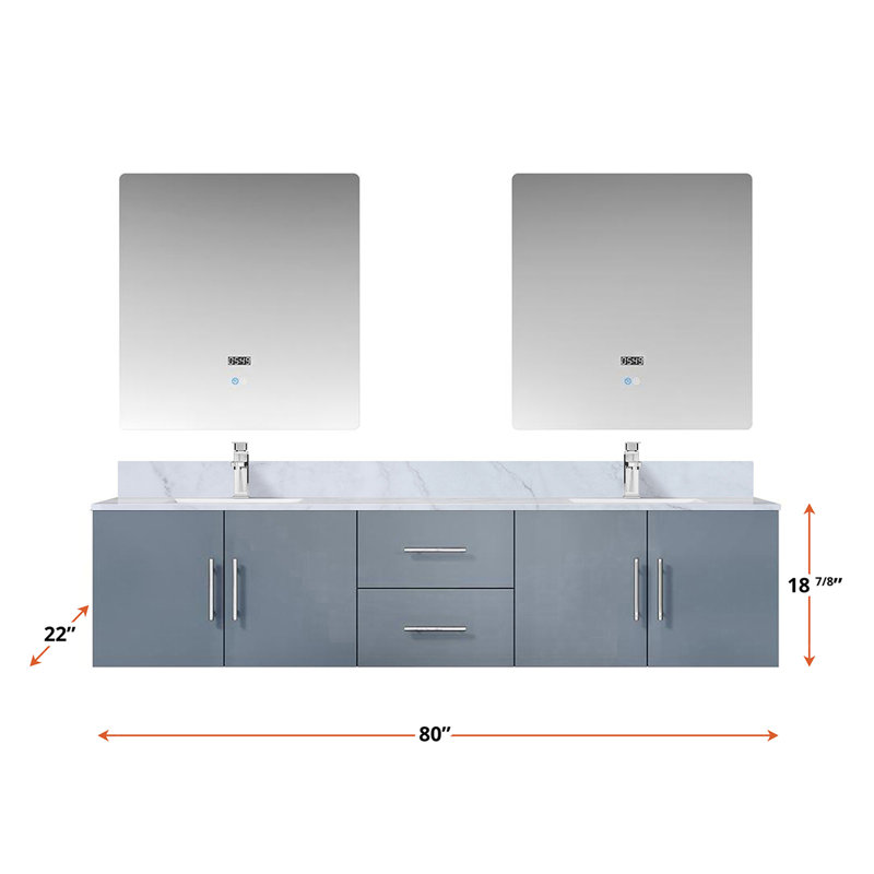 Meuble-lavabo double D 22 po, comptoir en marbre de Carrare, ensemble de robinet et miroirs à DEL de 30 po, Gris foncé