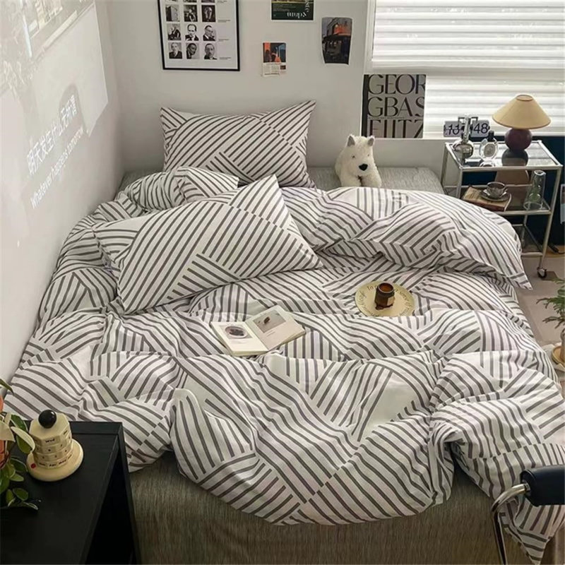 Modern Design 100% Cotton Duvet Cover Set, King Duvet Cover + 2 King Pillowcases, Gray Striped