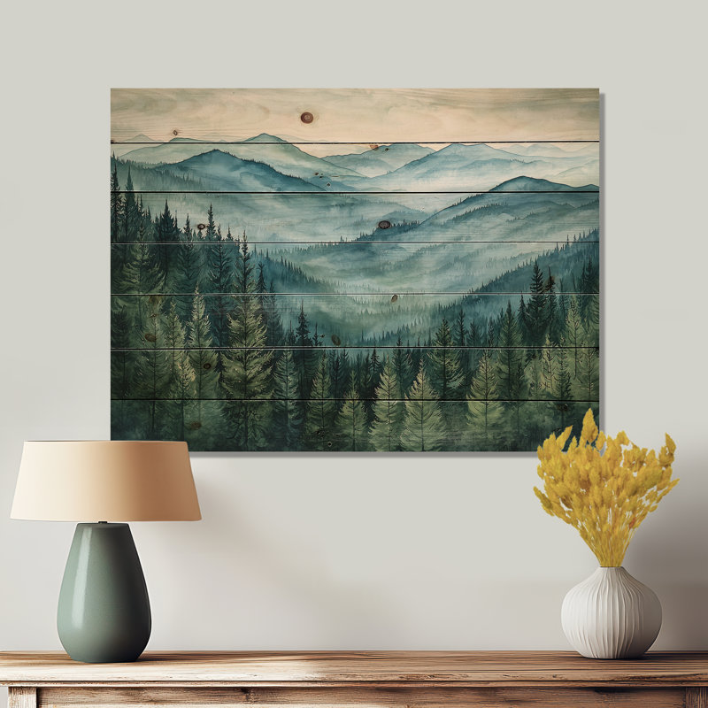 Woodland Peaks III - Landscape Mountains Wood Wall Decor - On Natural Pine Wood, 10" H x 20" W x 0.78" D