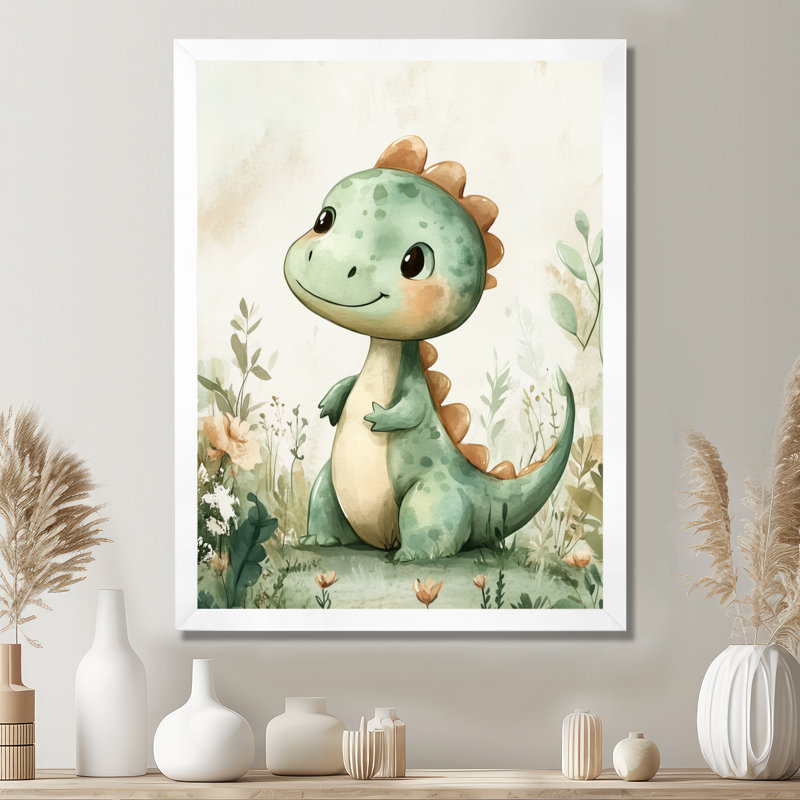 Petit dinosaure vert dans le jardin - Tableau encadré pour chambre d'enfant, H 32 po x l 16 po, White Picture Framed