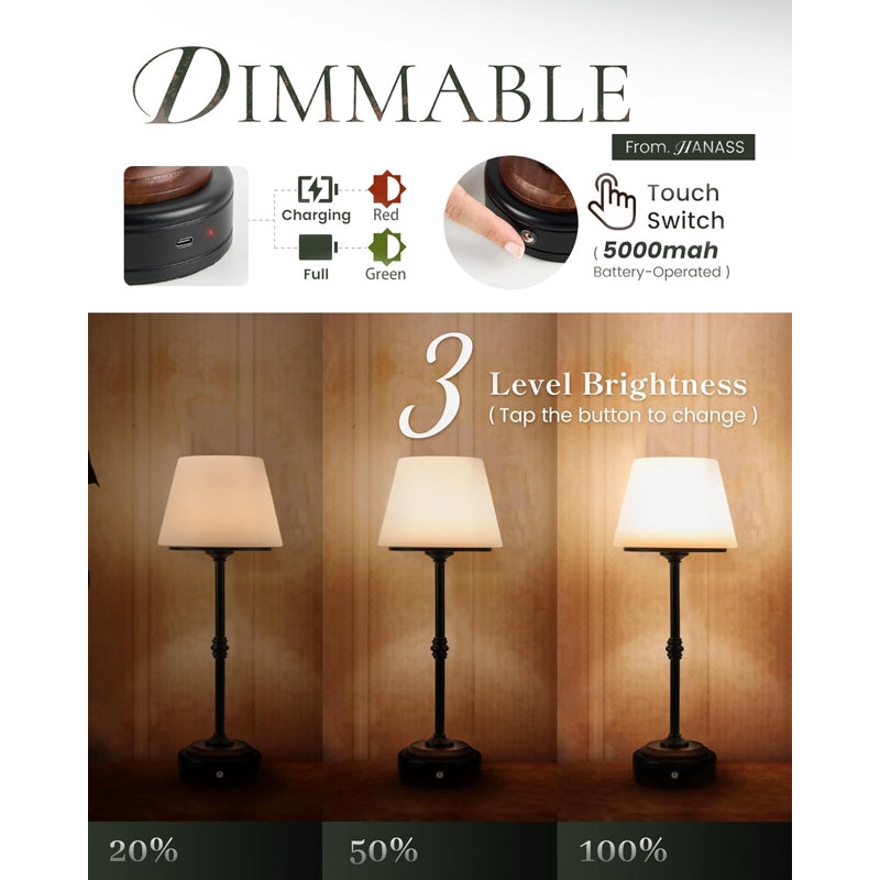 Cordless Dimmable LED Table Lamps With Rechargeable Battery - Set Of 2, Wood Base, 3 Brightness Levels