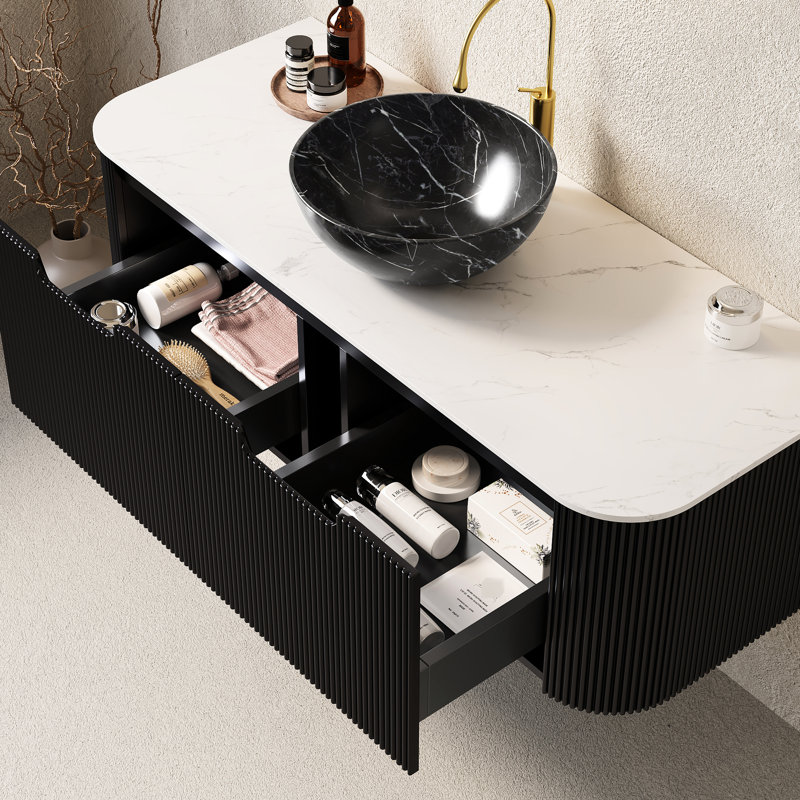 Meuble-lavabo de 48 po avec lavabo, armoire flottante, lavabo en céramique noire, comptoir à motif de pierre, système de tiroir à fermeture en douceur, texture de bol mural de 48 po, pré-assemblé, grand espace de rangement