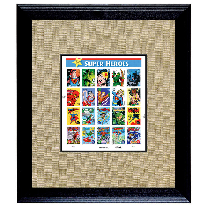 Feuille de timbre US Super Heroes dans un cadre en bois