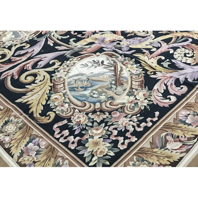Hand-Knotted High-Quality Black and Beige Area Rug