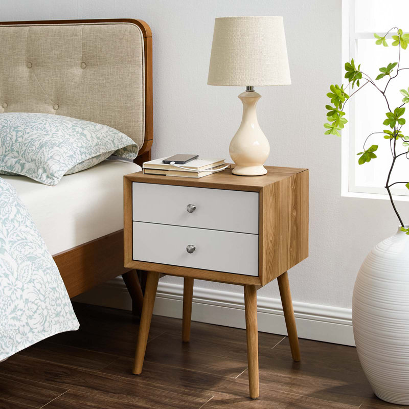 Ember Wood Mid-century Modern Nightstand, White/Natural