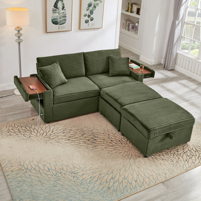 68 inch Oversized Double Chaise Lounge with Hidden Storage Ottomans, Comfy Corduroy Upholstered Indoor Lounge Chair with USB Charging Port and Cup Holder, and Pillows for Living Room, Bedroom, Office