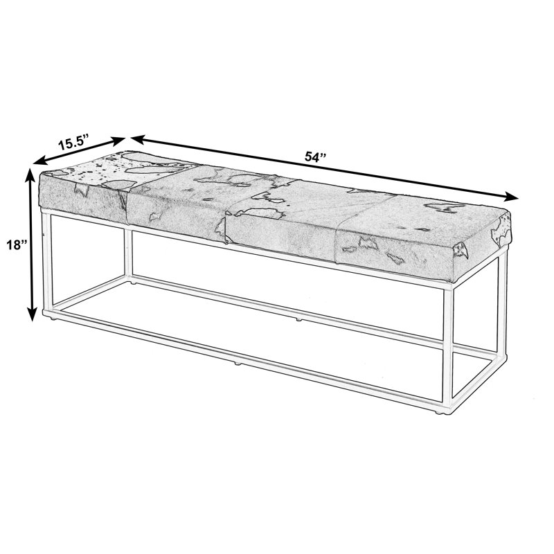 Stinson 54 in. W Hair-on-Hide Leather and Iron Accent Bench, White/Brown, White/Black/Brown Abstract