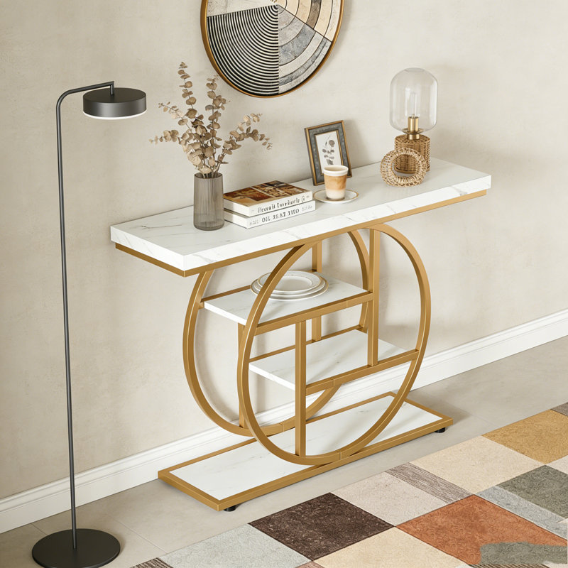41.3" Industrial Console Table, White & Gold