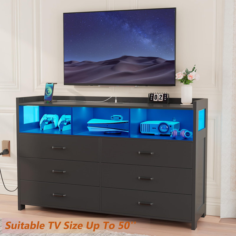 Jaylianiz 6 - Drawer Dresser with Power Outlet, Chest of Drawers with LED Lights and Open Storage, Black